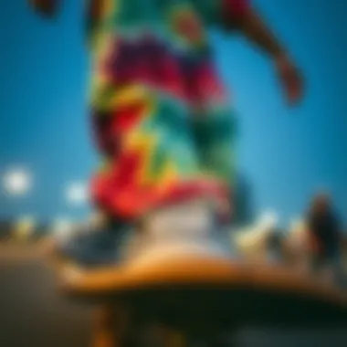 Skateboarding Style: The Tie-Dye Influence Close-up of skateboarding with tie-dye attire