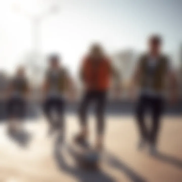 Skateboarding Community Embracing Utility Vests A group of skateboarders wearing utility vests in action at a skatepark.