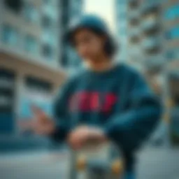 Skateboarder wearing a stylish stay cool sweatshirt in an urban setting