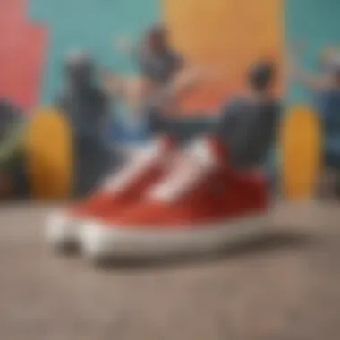Fashion Meets Function in Skate Culture Stylish vegan suede skate shoes arranged creatively against a vibrant backdrop