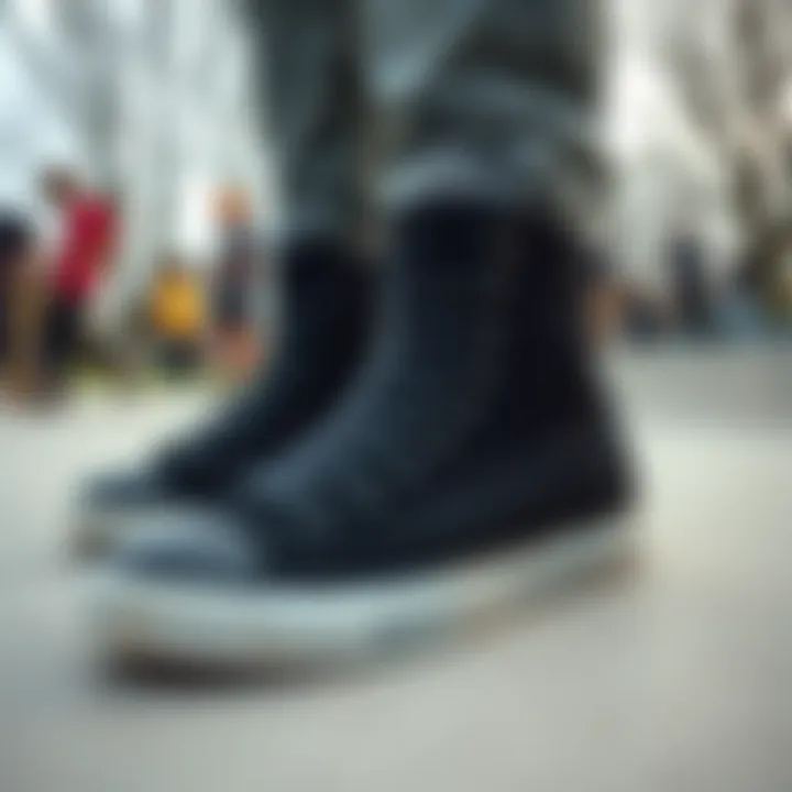 Skate park scene featuring skateboarders wearing all black hightop shoes