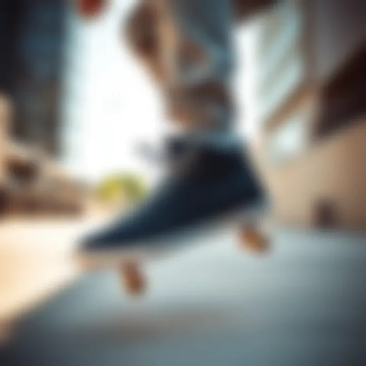 Dynamic skateboarder showcasing all black hightop shoes in action