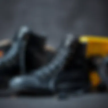 Stylish arrangement of all black hightop shoes and skateboard gear