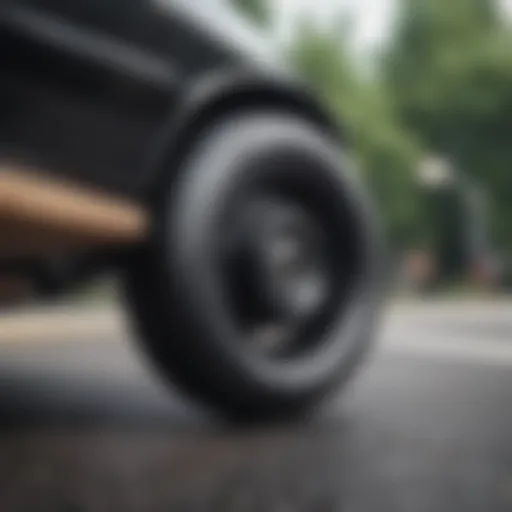 Close-up view of sleek black skateboard wheels.