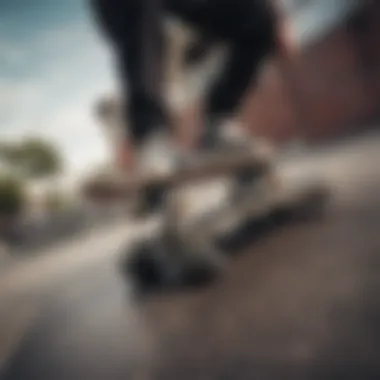 A skateboarder performing tricks with black wheels on a ramp.