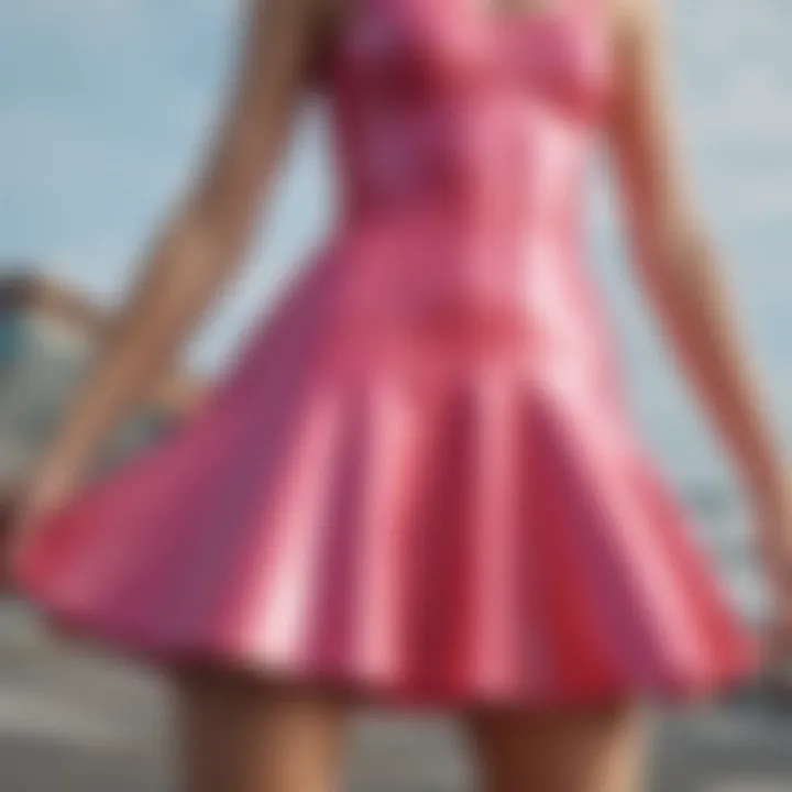 A close-up of a vibrant latex skater dress showcasing its glossy texture