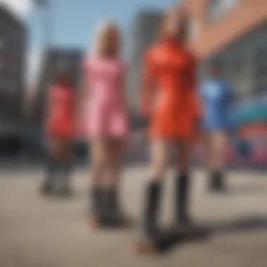 A group of skateboarders wearing stylish latex skater dresses in an urban setting