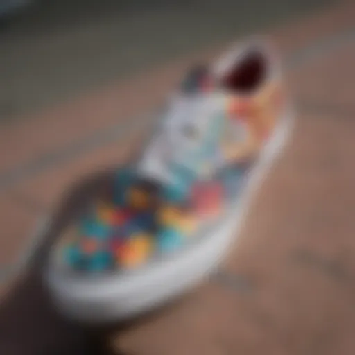 A close-up view of multicolor checkered Vans on a skateboard