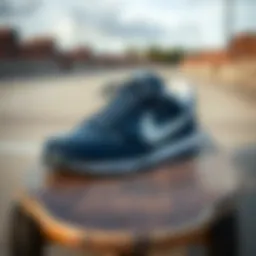 Close-up of navy and white Nike shoes on a skateboard