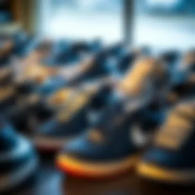 A collection of navy and white Nike shoes displayed