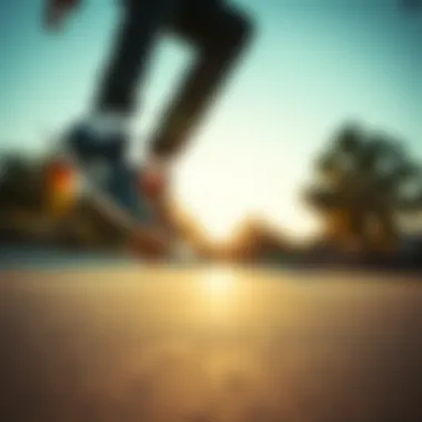 Skateboarder performing a trick wearing navy and white Nike shoes