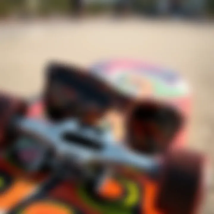 Close-up of a trendy skateboard deck and unconventional sunglasses intertwined