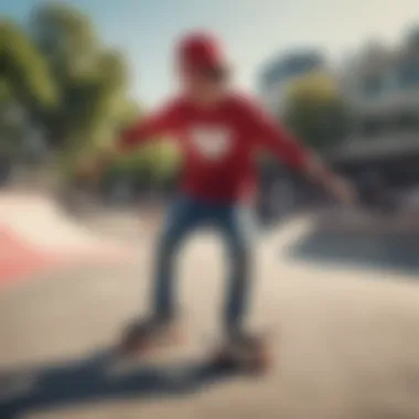 A skateboarder wearing red heart-shaped glasses while performing a trick in an urban skate park.