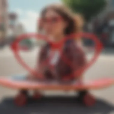 A vibrant street style scene featuring various skateboarders, with a focus on one wearing red heart-shaped glasses.