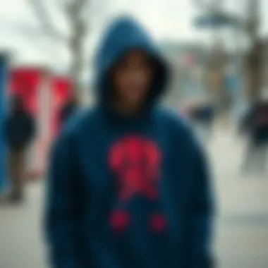 An artistic representation of skateboard culture with dark blue hoodies integrated into the scene