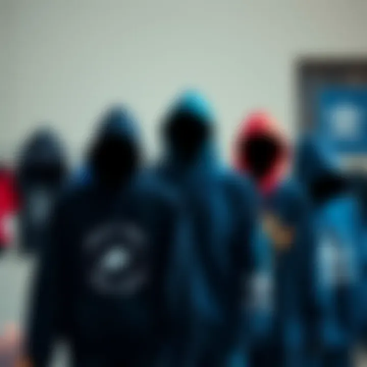 A collection of dark blue hoodies displayed with various design elements and styles