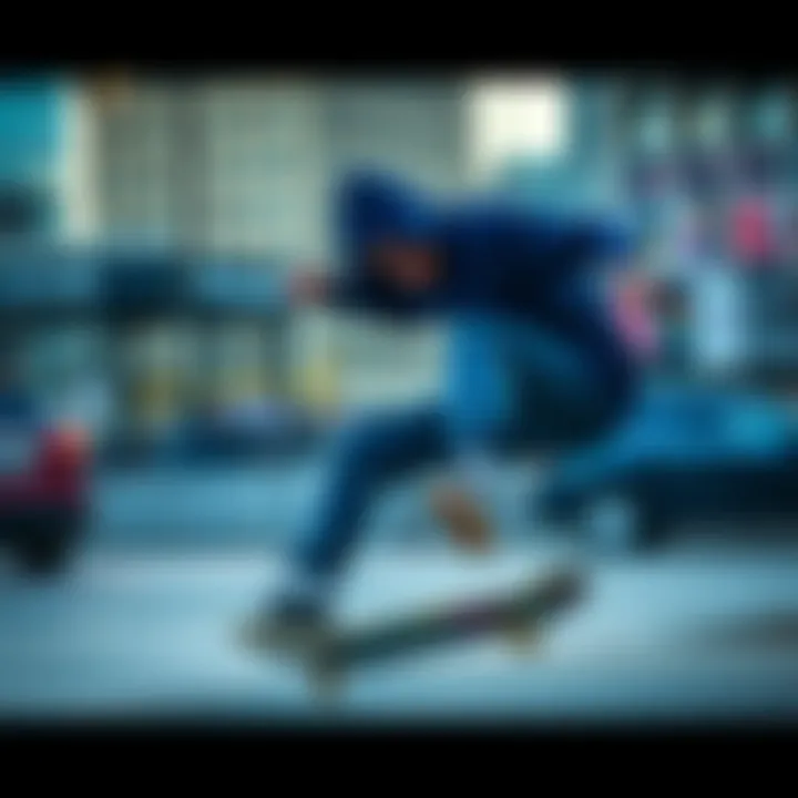 A skateboarder wearing a dark blue hoodie performing a trick in an urban setting