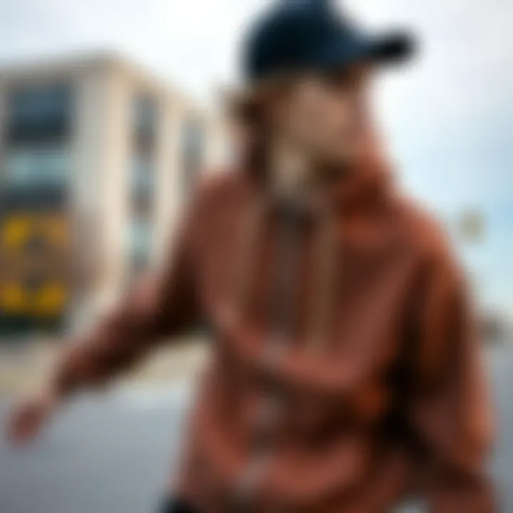 Functional Design in Skateboarding A stylish zip up sweatshirt worn during a skateboarding session on the streets, showcasing its functional design.