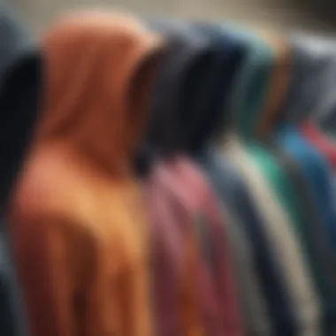 An array of zip-up hoodies in various colors displayed together.