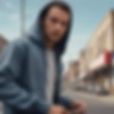 A skateboarder wearing a fitted zip-up hoodie in an urban setting.