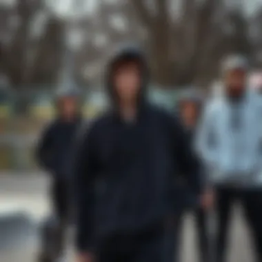 Community of Skaters in Hoodies A group of skateboarders showcasing their black and white zip-up hoodies in a skate park.
