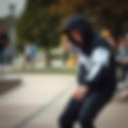 A skateboarder wearing a black and white zip-up hoodie performing a trick in a park.