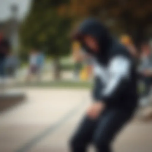 A skateboarder wearing a black and white zip-up hoodie performing a trick in a park.