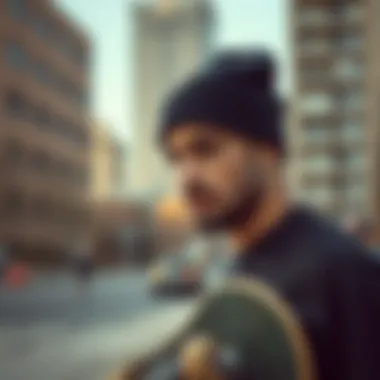 Skateboarder Embracing the Urban Vibe with a Black Beanie A skateboarder wearing a black beanie in an urban setting