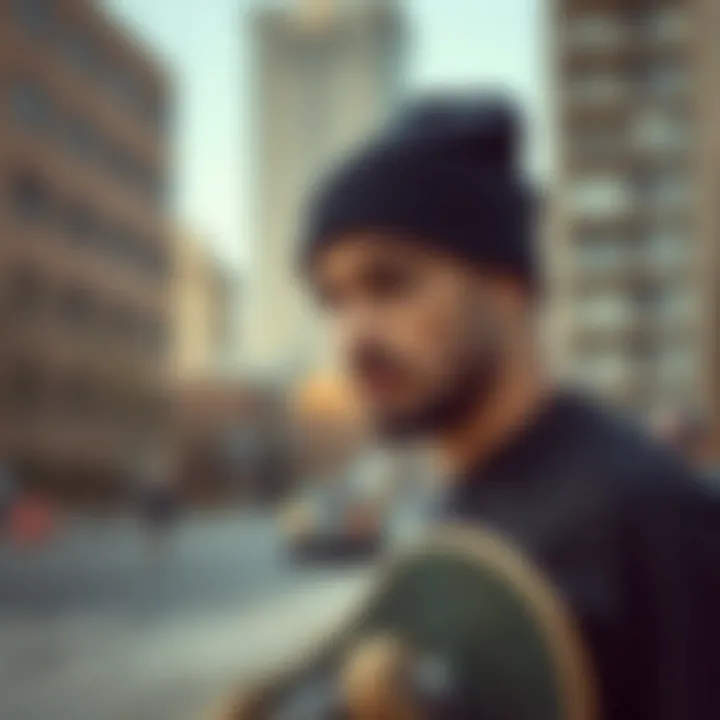 Skateboarder Embracing the Urban Vibe with a Black Beanie A skateboarder wearing a black beanie in an urban setting