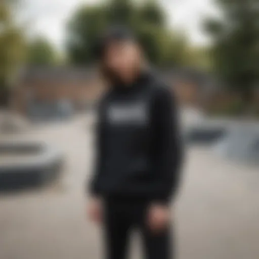 Stylish black Vans sweatshirt featured in a skate park setting