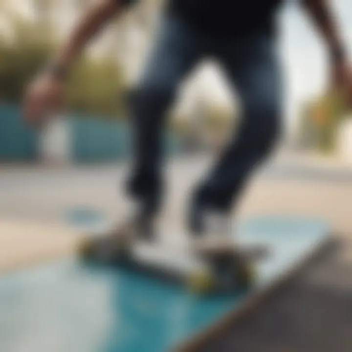 Skateboarder applying wax to a skateboard rail