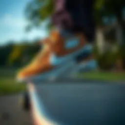 A close-up view of brown and white Nikes on a skateboard, highlighting the shoe design