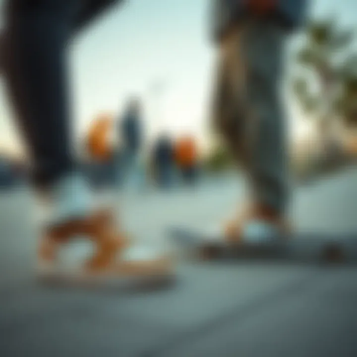 Skate Park Community with Brown and White Nikes An urban skate park scene showcasing skateboarders wearing brown and white Nikes, reflecting community vibes