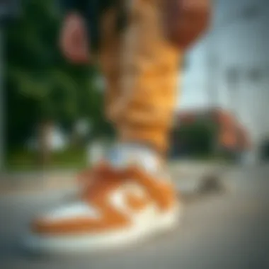 Stylish Skateboarder and Brown and White Nikes A stylish skateboarder posing with brown and white Nikes, emphasizing personal expression through footwear