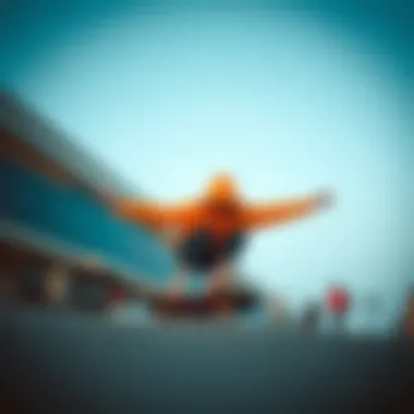 A skateboarder wearing a dark orange hoodie performing a trick.