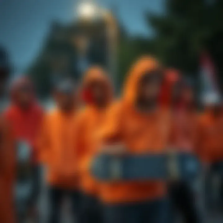 A group of skateboarders gathering, showcasing their unique styles.