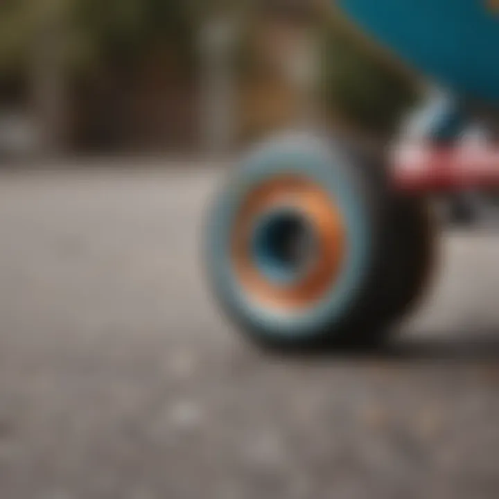 Close-up of skateboard wheels on various surfaces