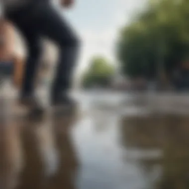 Skateboarder experiencing a slip on a wet surface