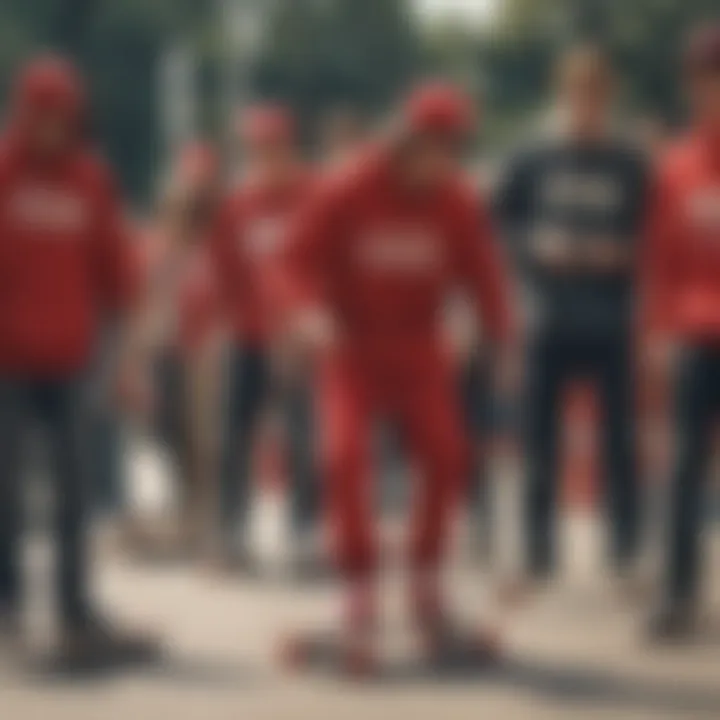 Group of skateboarders in red attire celebrating a skate event.