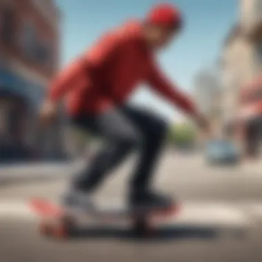 Striking skateboarder showcasing red apparel during a trick.