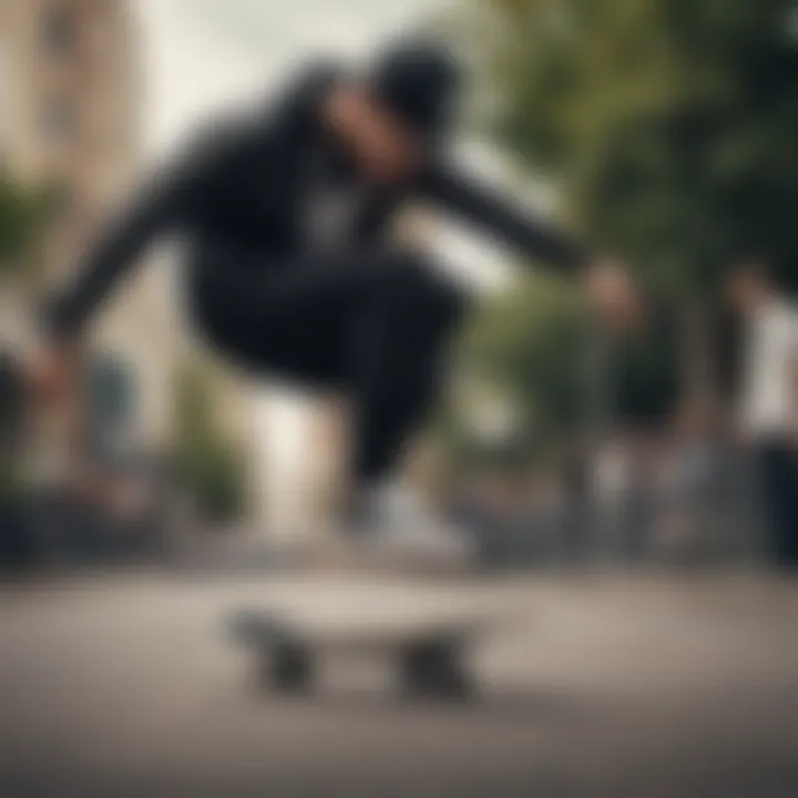 A skateboarder performing tricks while wearing black leather slip-on Vans