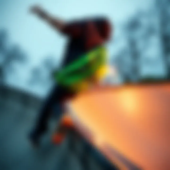 Dynamic Use of the Green Fanny Pack in Skateboarding A vibrant green fanny pack worn by a skateboarder in action on a ramp