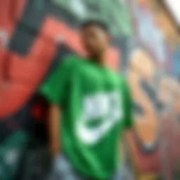 A vibrant green Nike tee showcased against a graffiti-covered wall