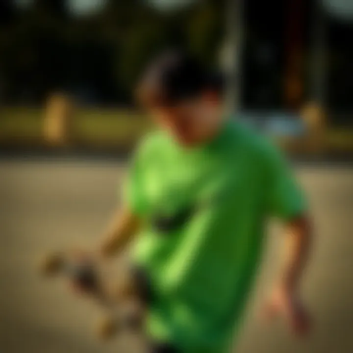A skateboarder performing tricks while wearing the green Nike tee