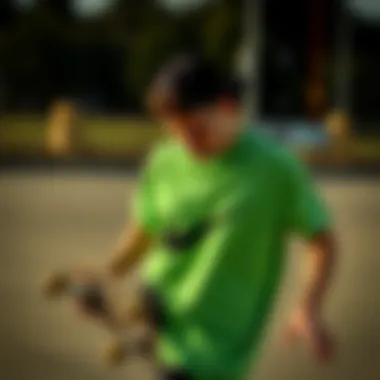 Performance and Style: A Skateboarder's Choice A skateboarder performing tricks while wearing the green Nike tee