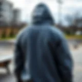 Iconic grey fleece hoodie showcased in a skate park setting