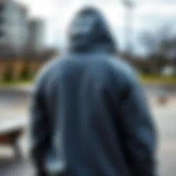 Iconic grey fleece hoodie showcased in a skate park setting