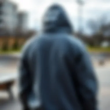 Iconic grey fleece hoodie showcased in a skate park setting