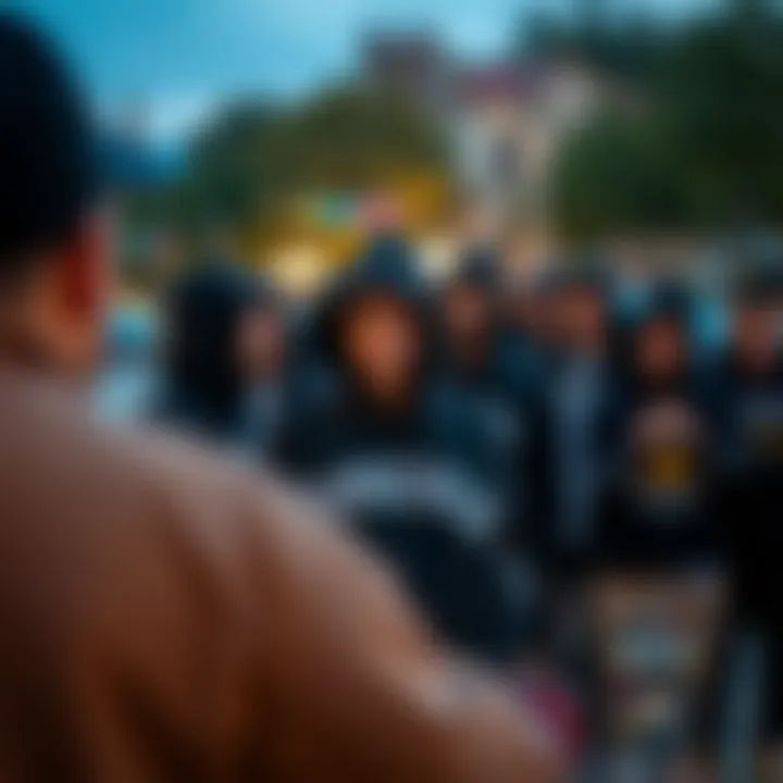 A group of skateboarders in streetwear, emphasizing community and culture with the Hundreds black hoodie.