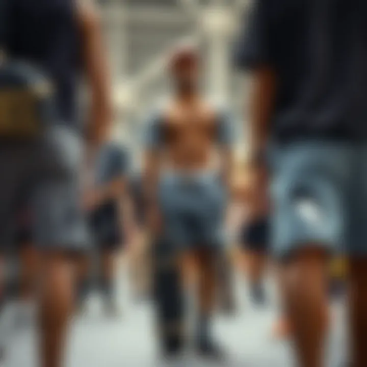 Cultural Showcase: A Unity in Grey Group of skateboarders showcasing various styles with grey Nike shorts at a skate event